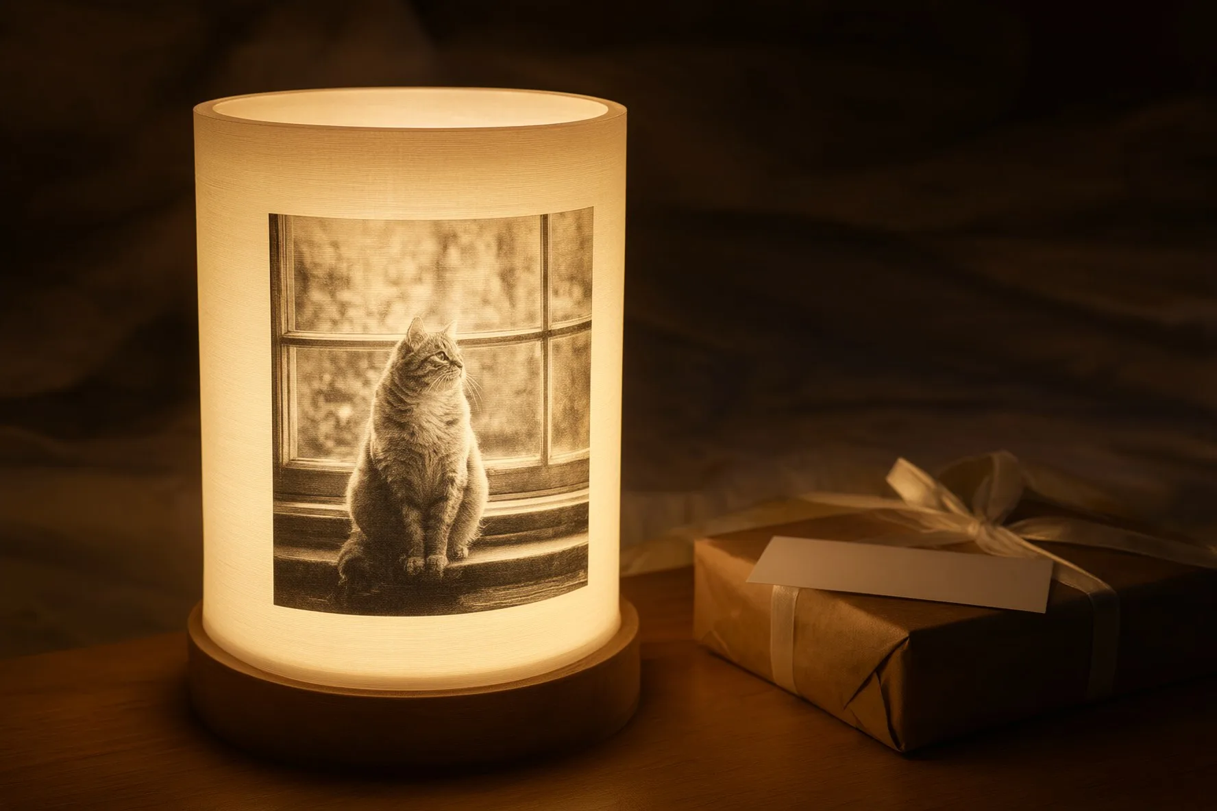 A cylinder lithophane lamp showing a cat, glowing on a bedside table next to a gift box